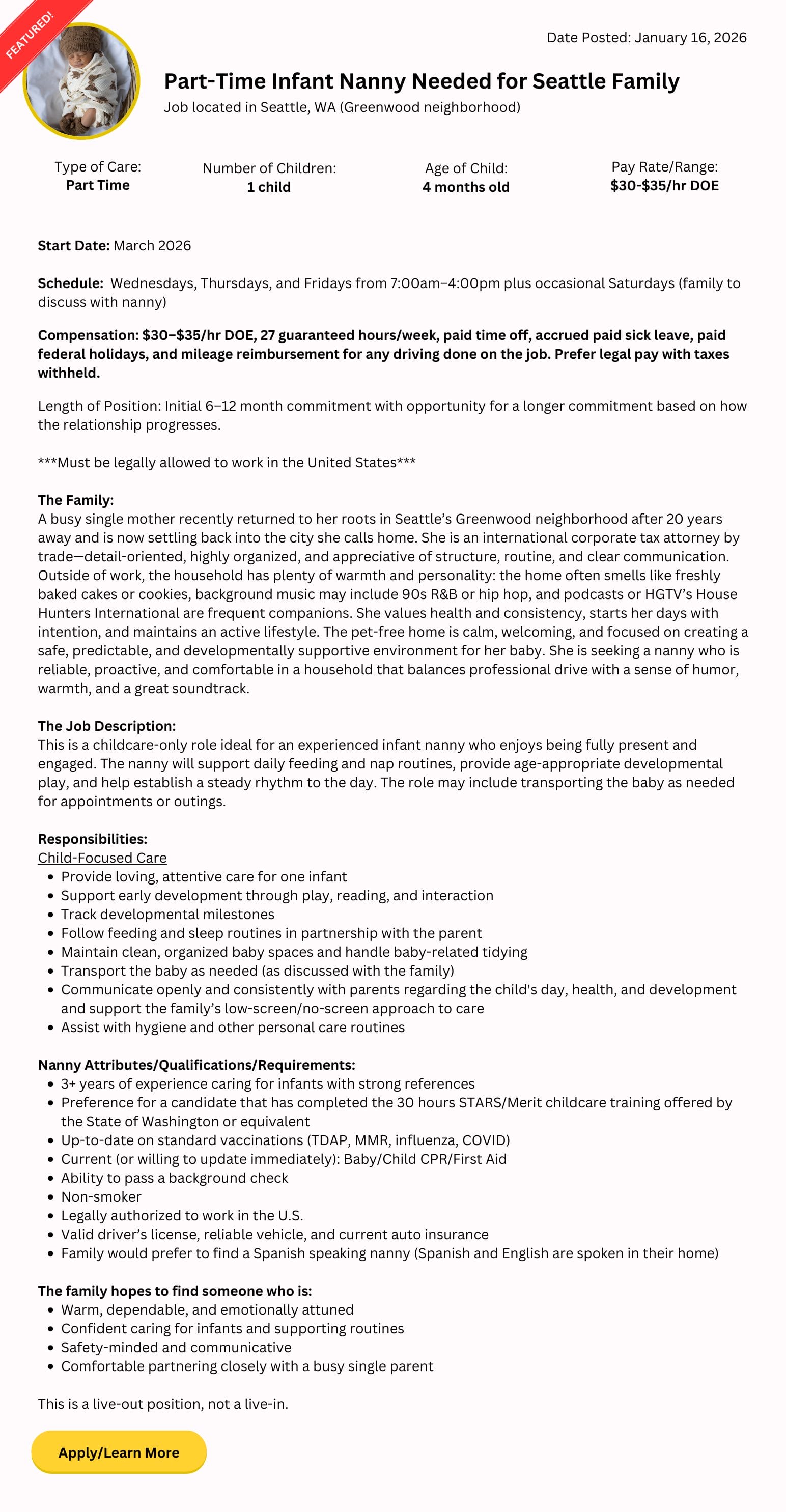 infant nanny job